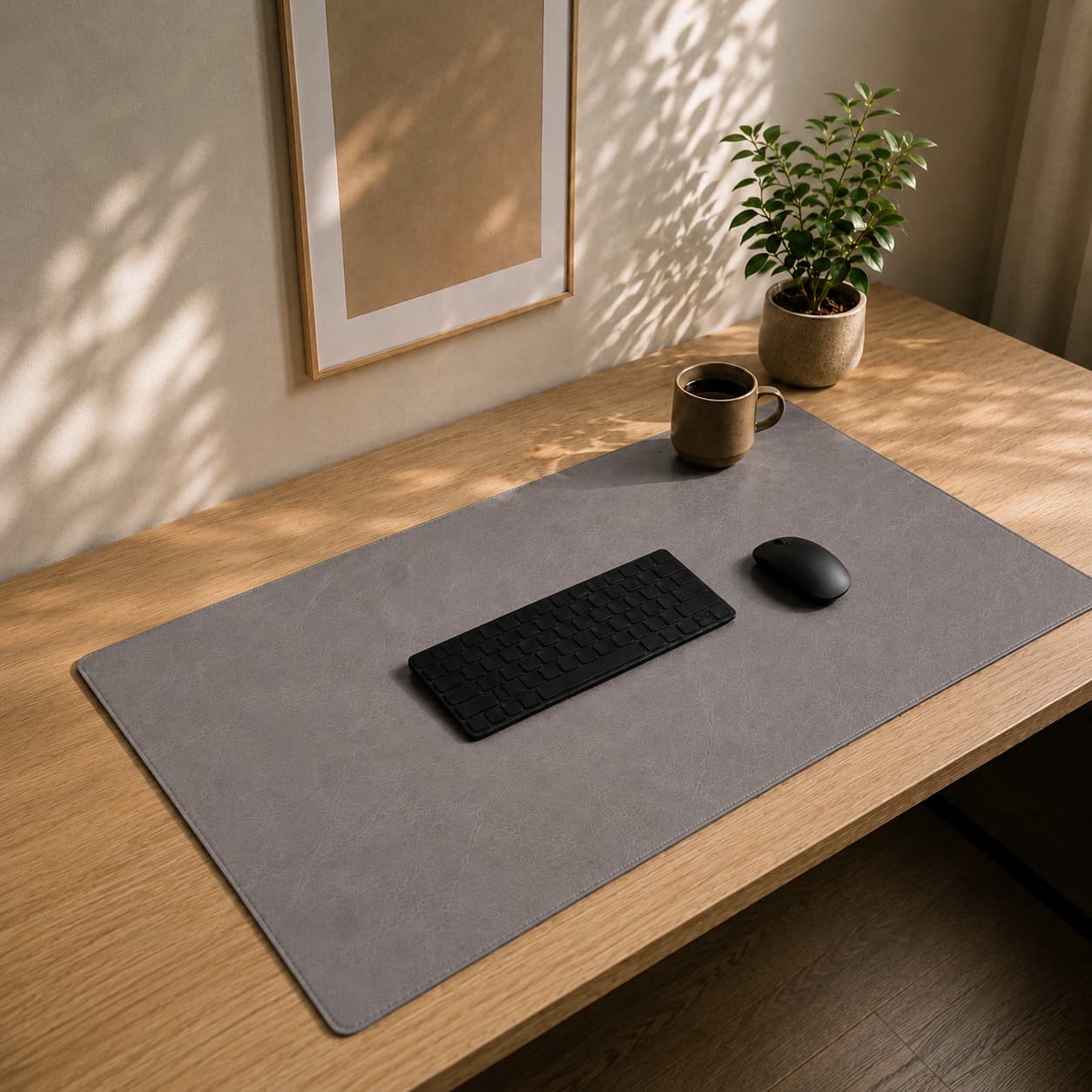 Aovela reversible leather-grain desk mat on a warm wood desk