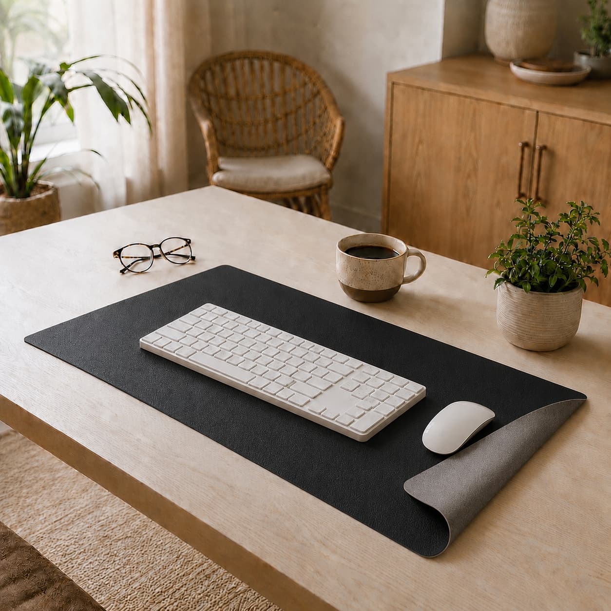 Aovela solid color desk mat on a warm minimal home-office desk