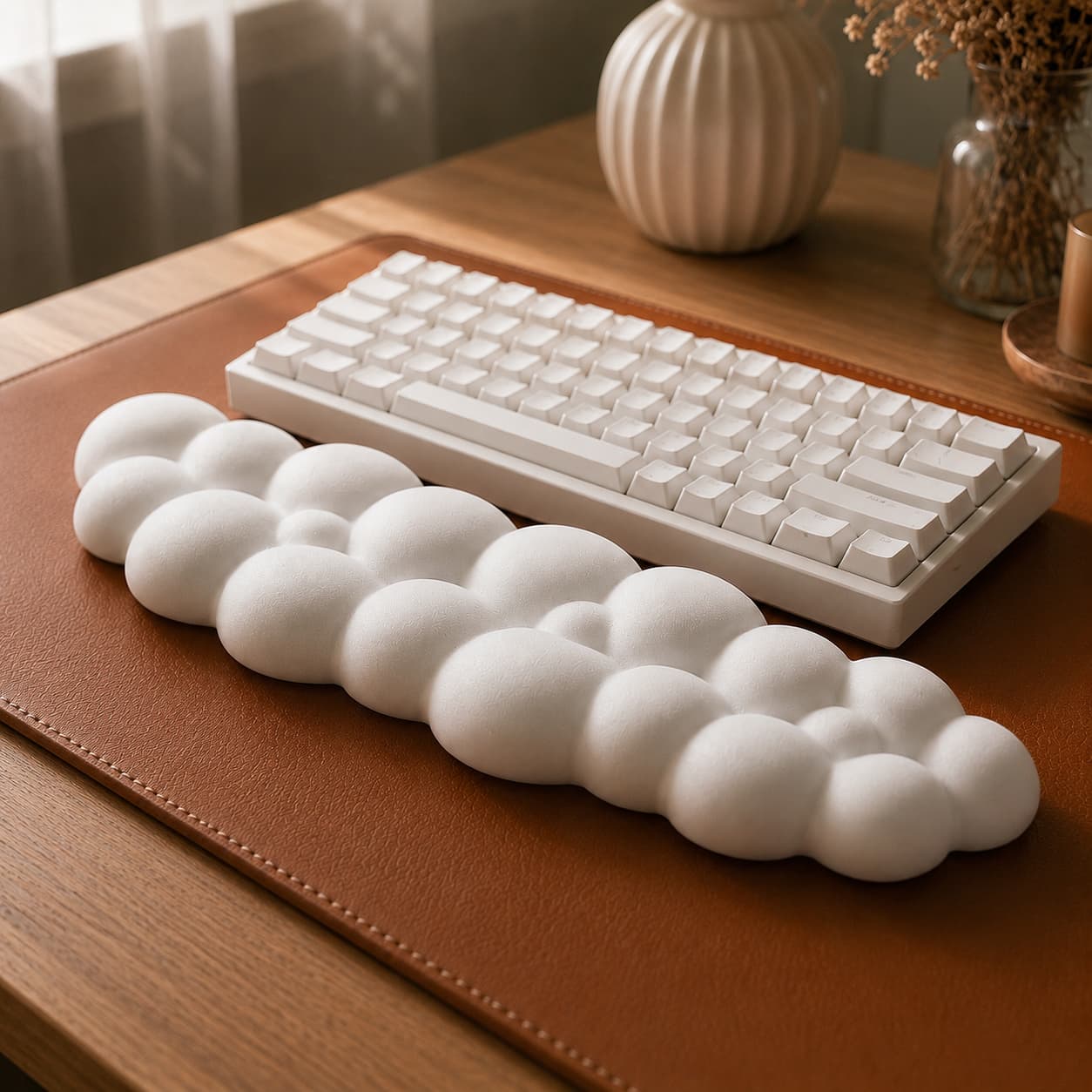 Aovela cloud-shaped memory foam wrist rest on a warm wood desk
