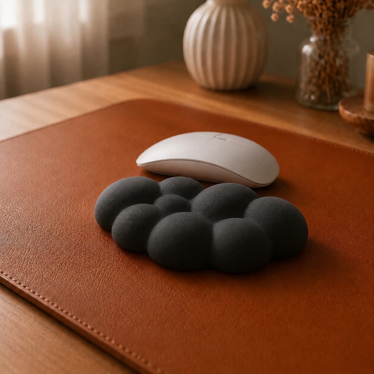 Aovela cloud-shaped memory foam wrist rest on a warm wood desk