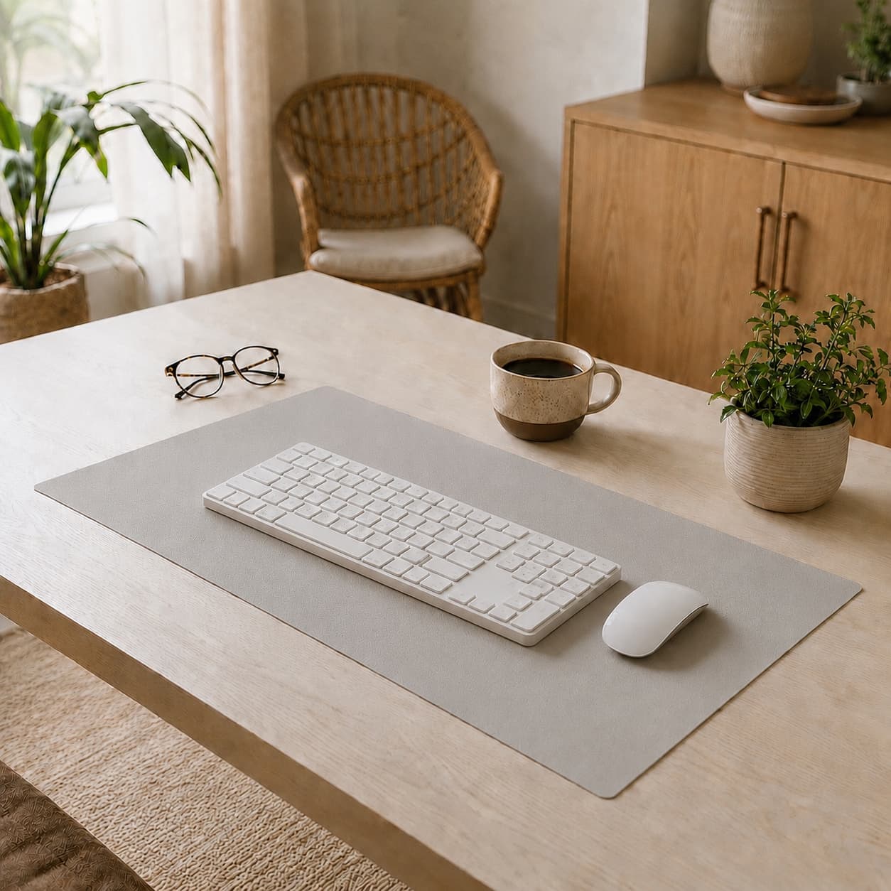 Aovela solid color desk mat on a warm minimal home-office desk