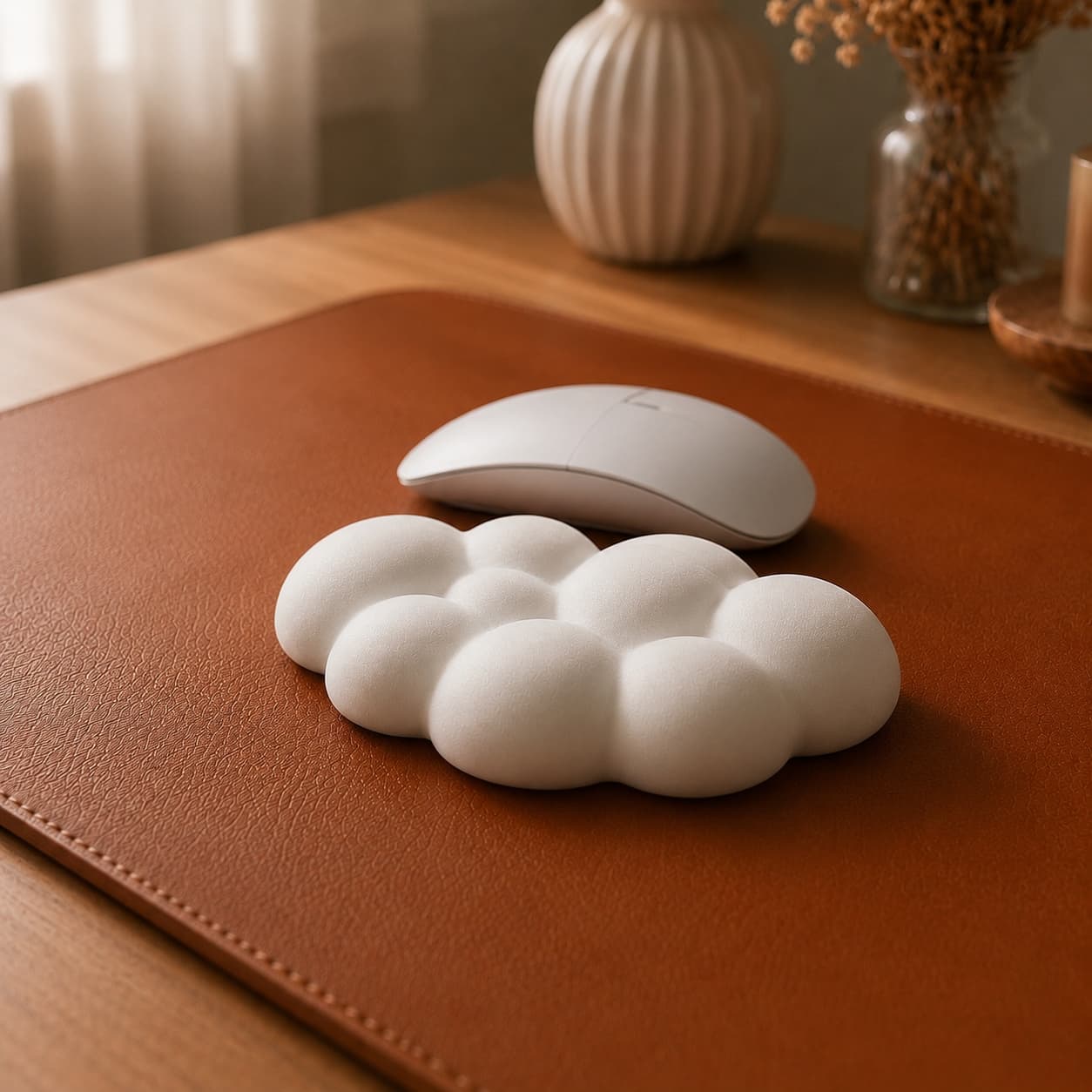 Aovela cloud-shaped memory foam wrist rest on a warm wood desk
