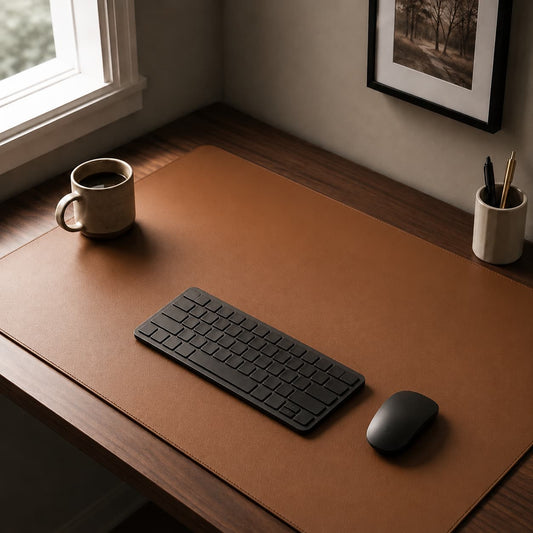Aovela PU leather desk mat on a minimal wood home-office desk
