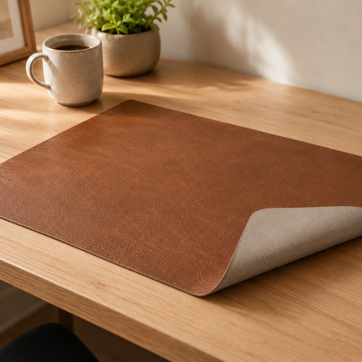 Aovela reversible leather-grain desk mat on a warm wood desk