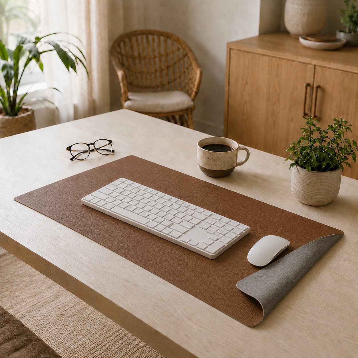 Aovela solid color desk mat on a warm minimal home-office desk