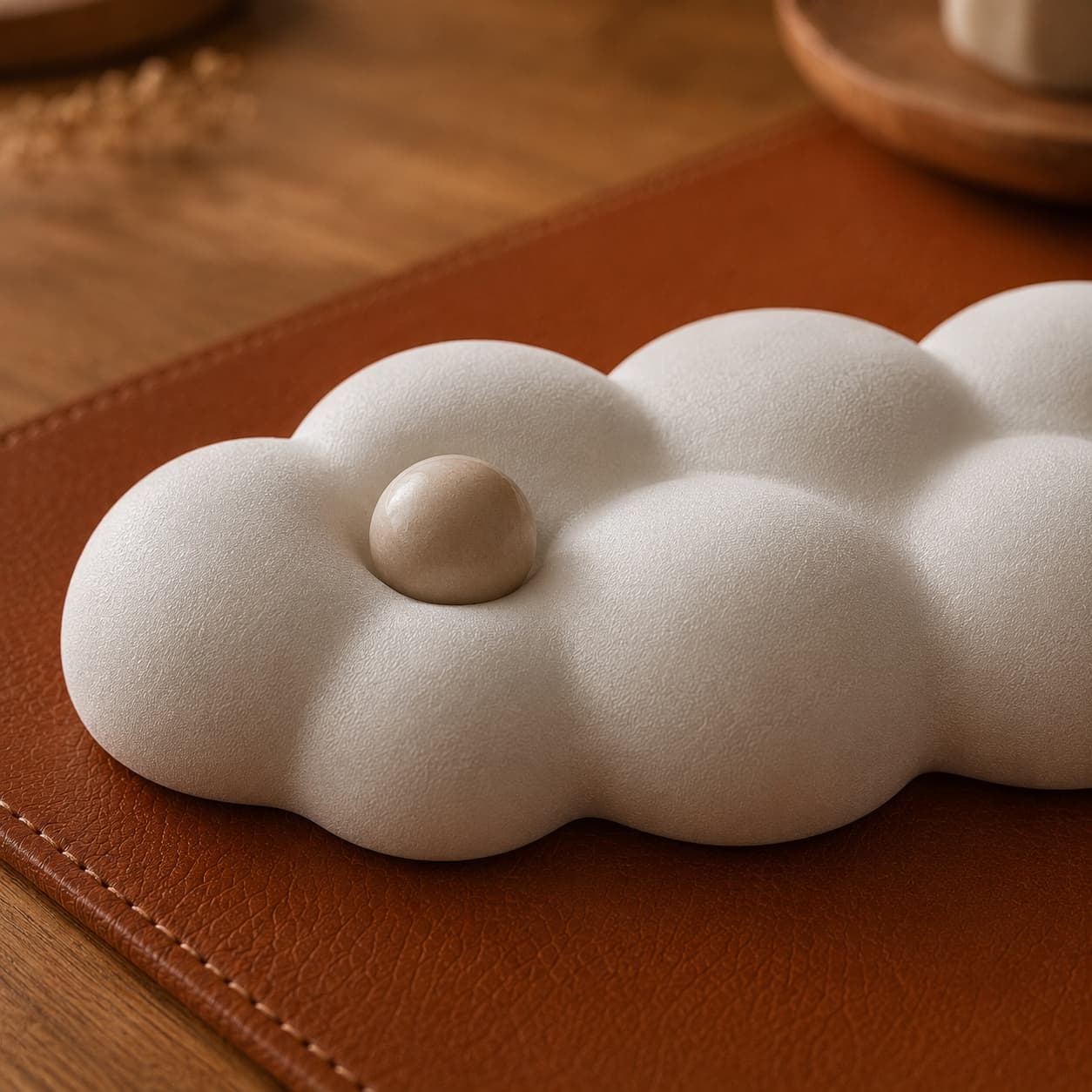 Aovela cloud-shaped memory foam wrist rest on a warm wood desk