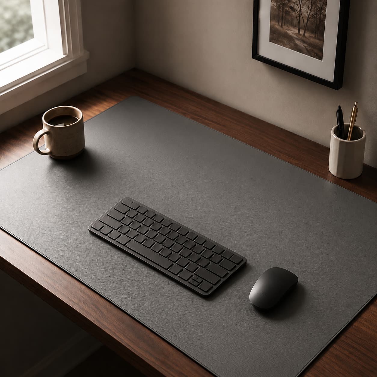Minimalist Aovela PU leather desk mat for a work-from-home desk