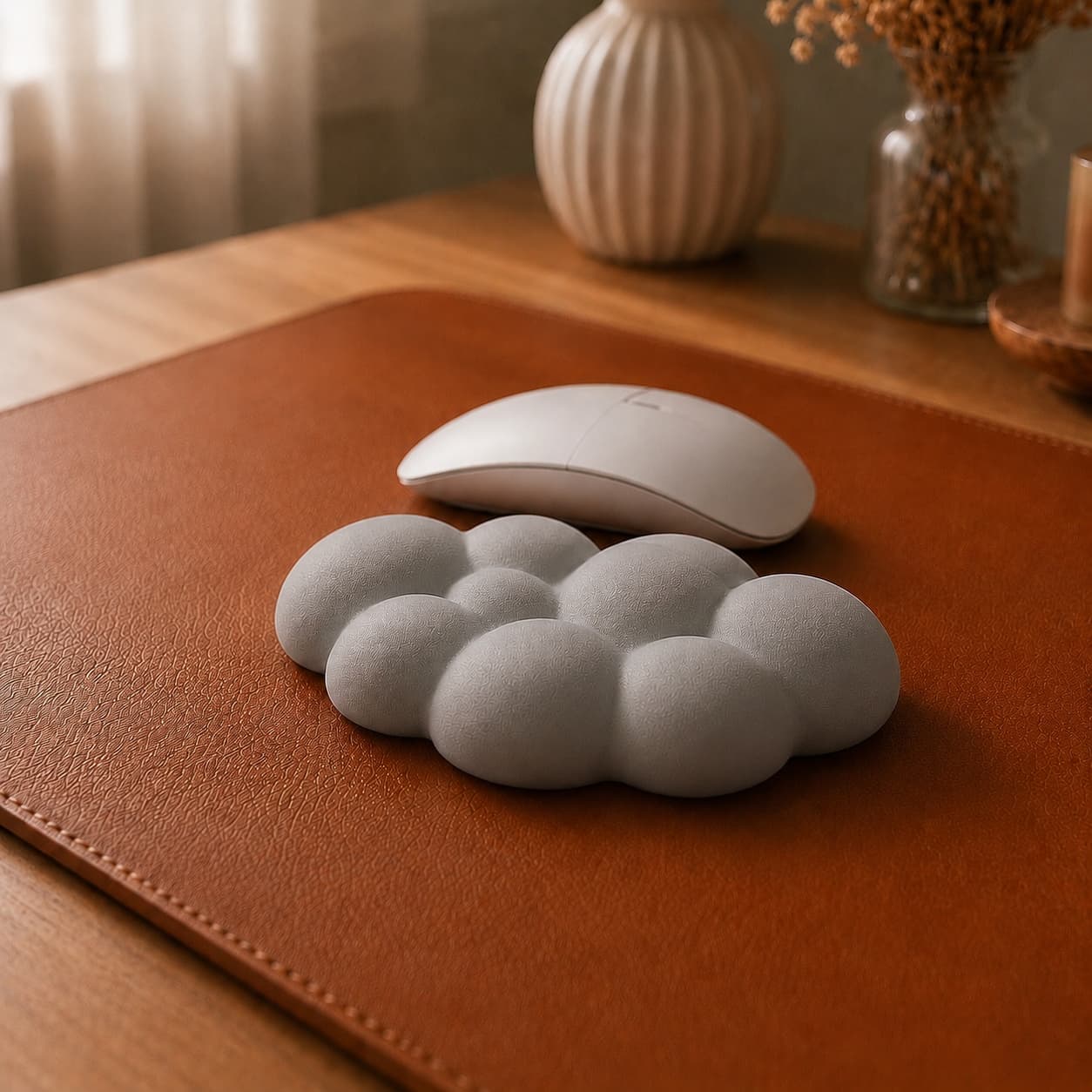 Aovela cloud-shaped memory foam wrist rest on a warm wood desk