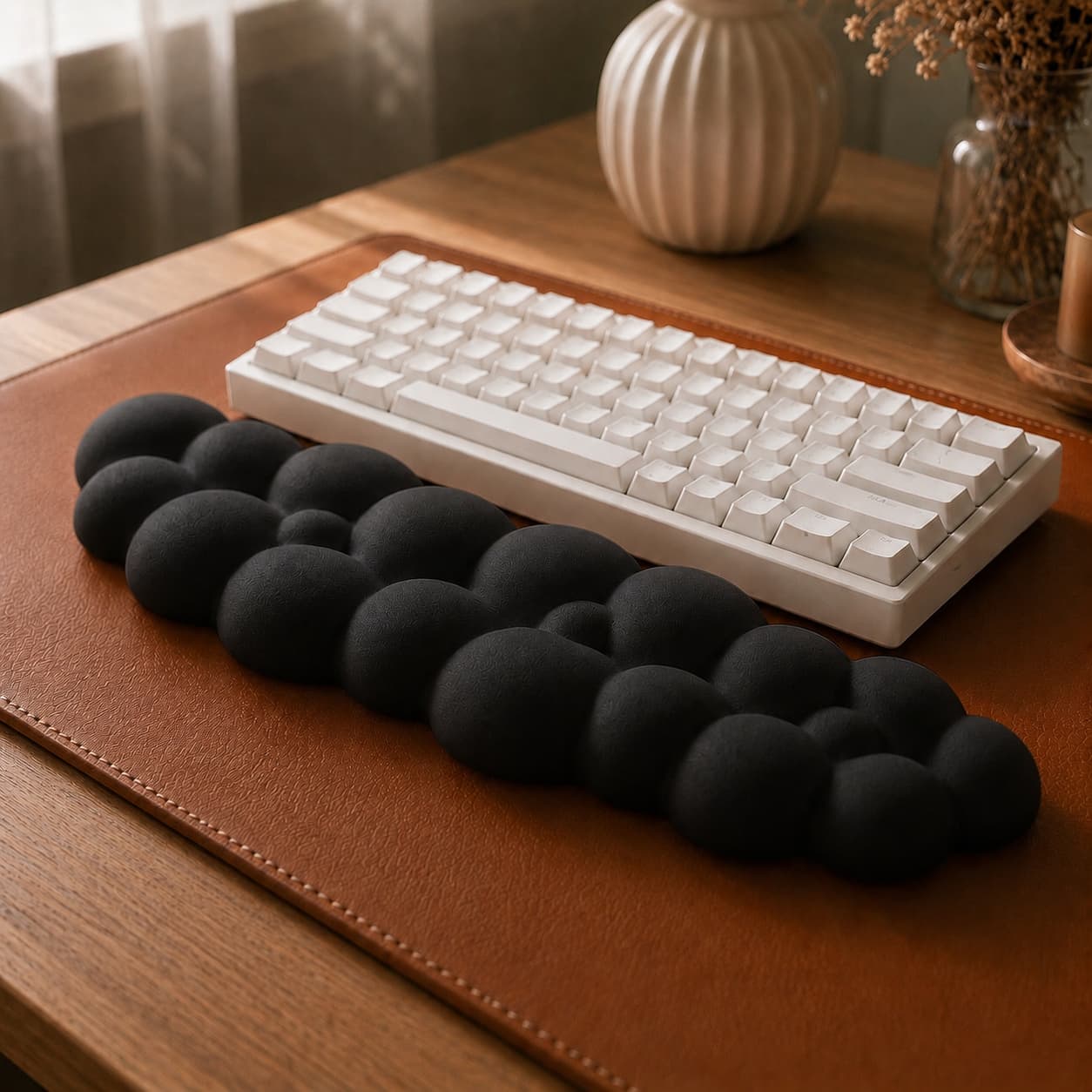 Aovela cloud-shaped memory foam wrist rest on a warm wood desk