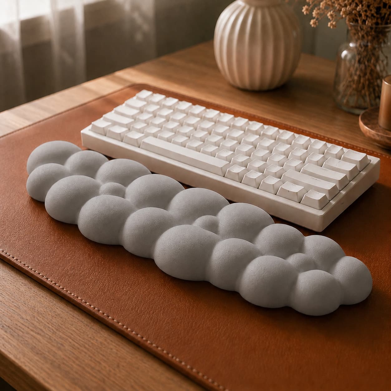 Aovela cloud-shaped memory foam wrist rest on a warm wood desk
