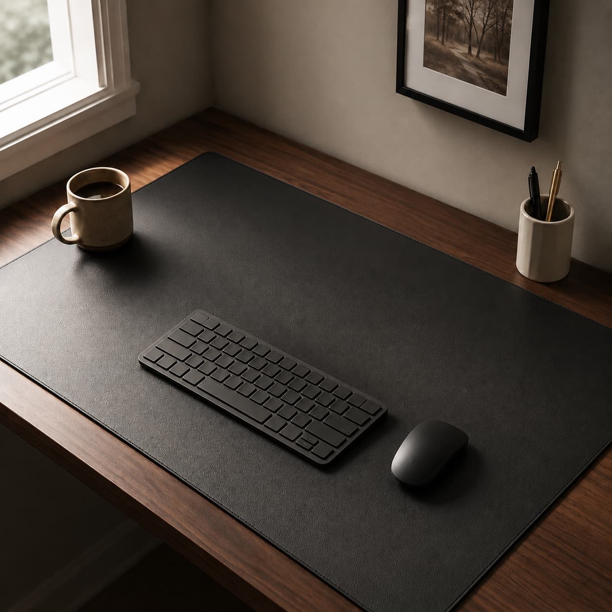 Charcoal Aovela PU leather desk mat for a calm workspace setup