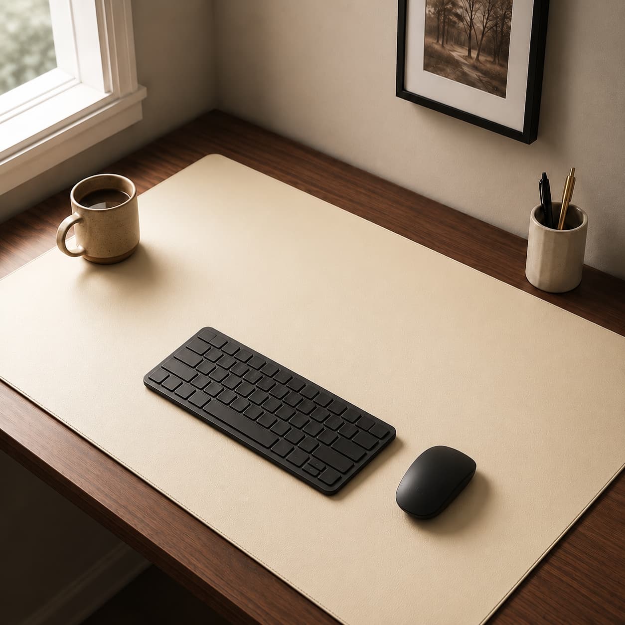 Aovela PU leather desk mat in a modern neutral office setup