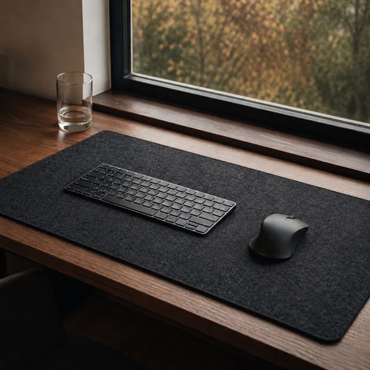 Aovela felt and cork double-sided desk mat on a warm wood home-office desk