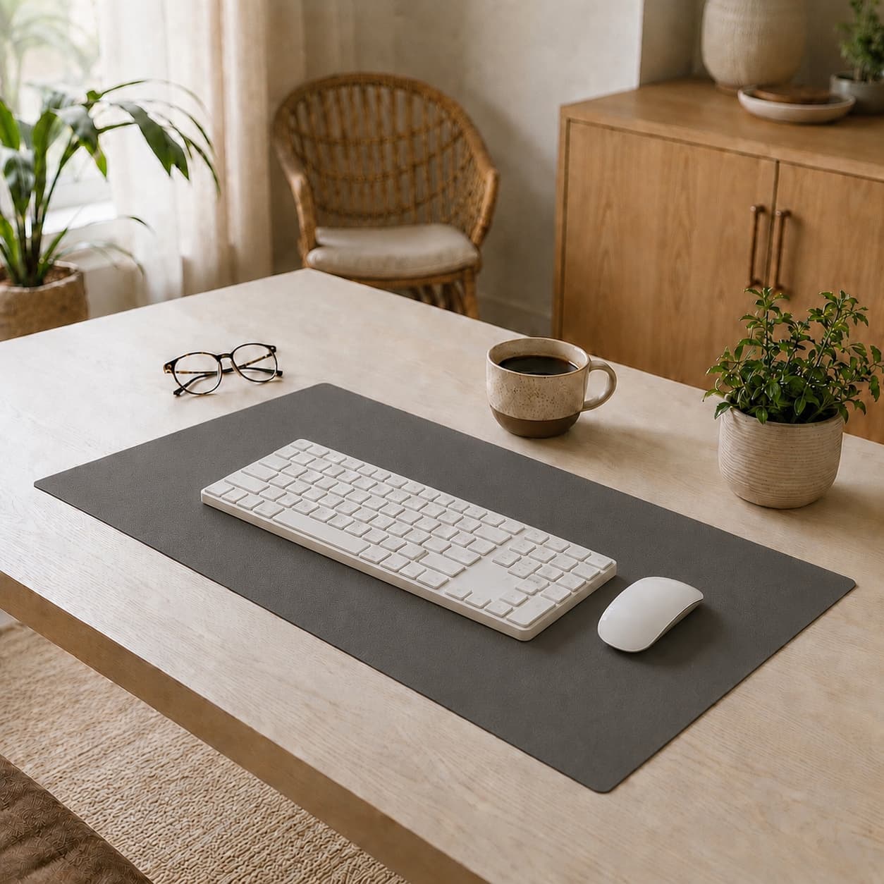 Aovela solid color desk mat on a warm minimal home-office desk