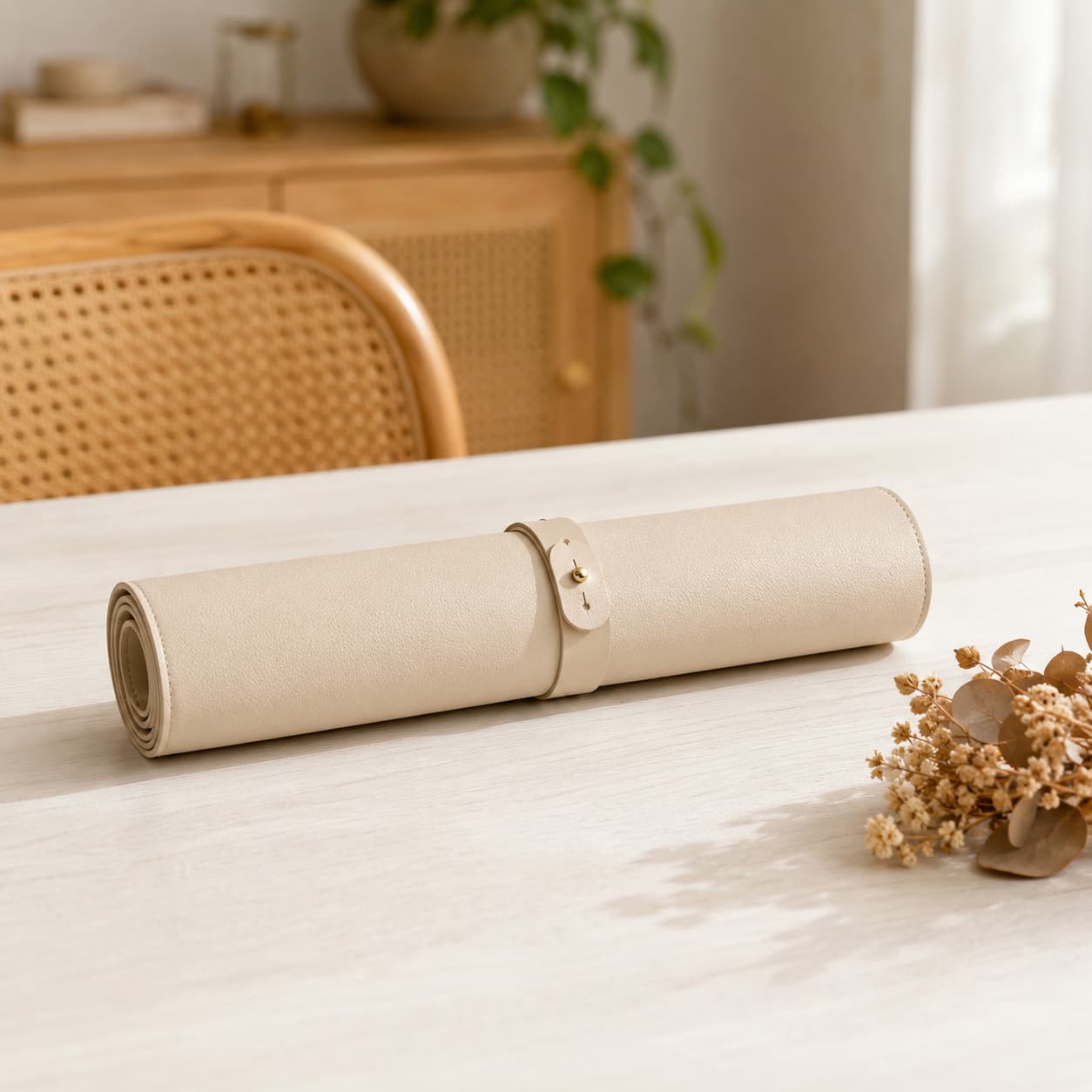 Aovela solid color desk mat on a warm minimal home-office desk