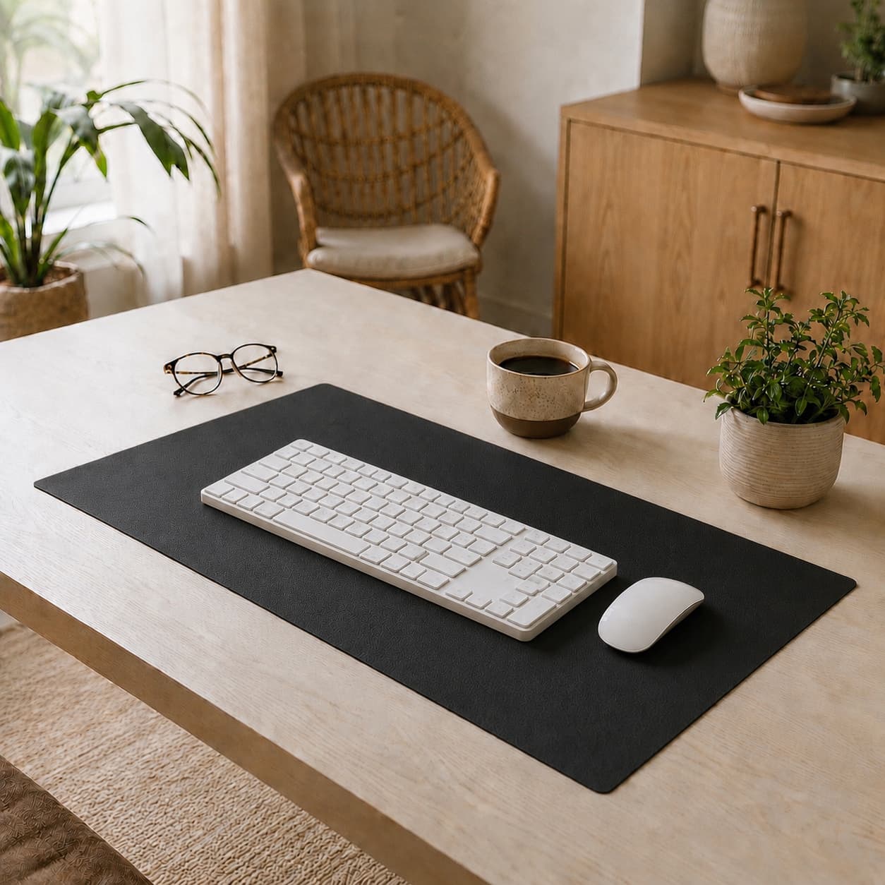 Aovela solid color desk mat on a warm minimal home-office desk