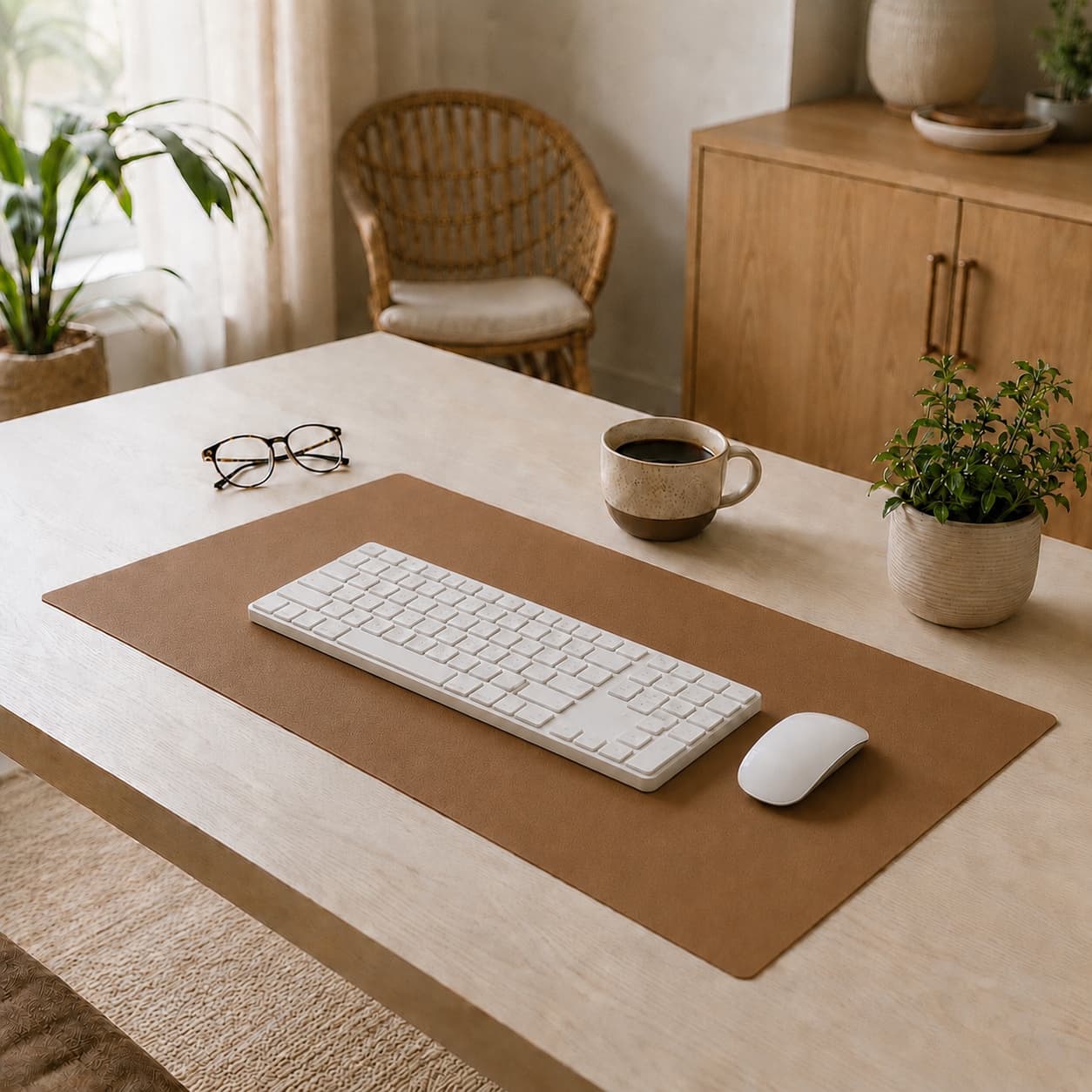 Aovela solid color desk mat on a warm minimal home-office desk