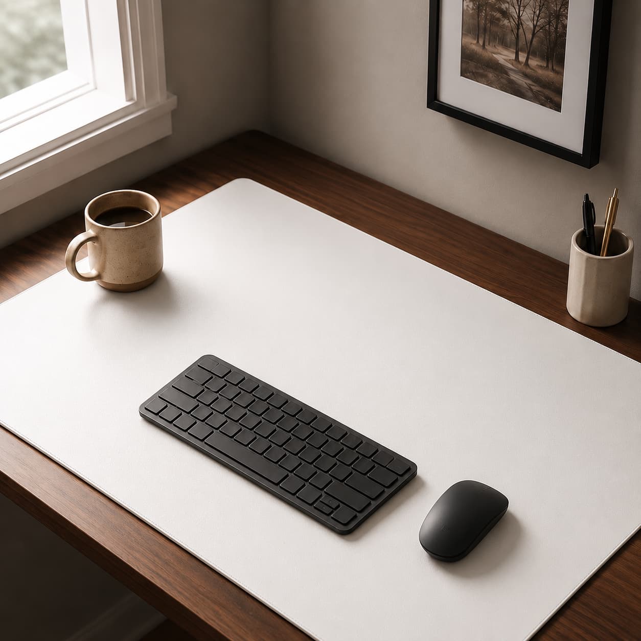 Large Aovela PU leather desk mat covering a wood desktop