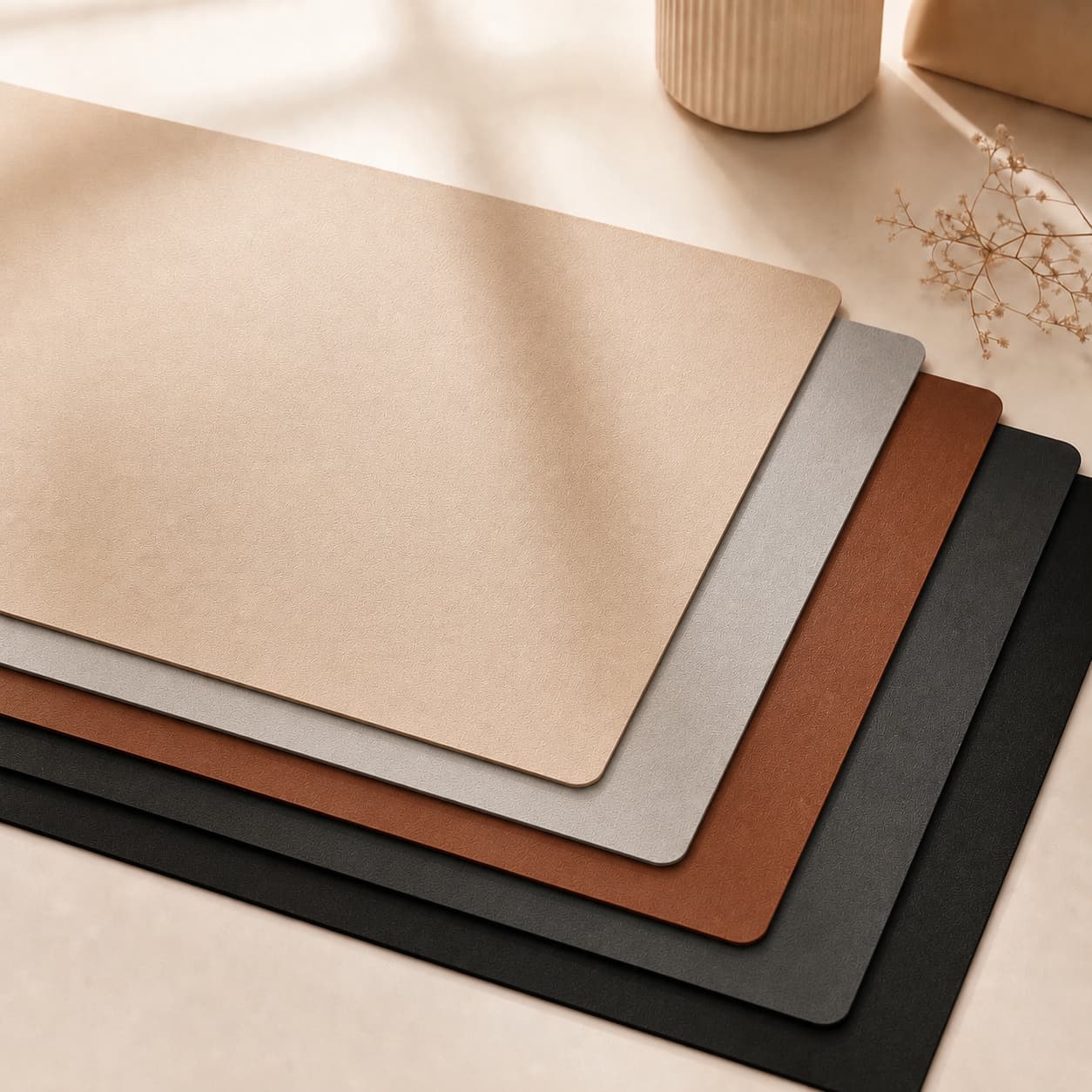 Aovela solid color desk mat on a warm minimal home-office desk