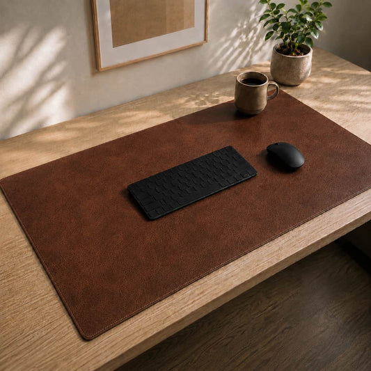 Aovela reversible leather-grain desk mat on a warm wood desk
