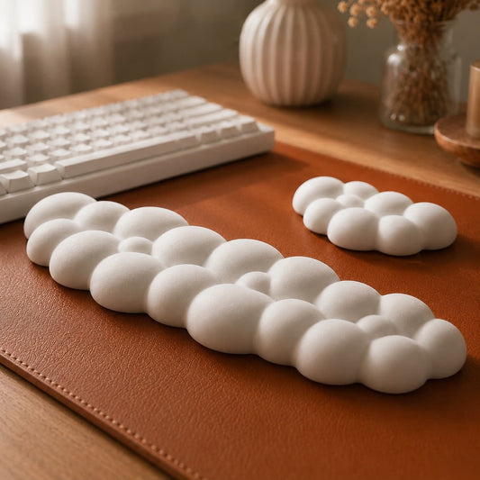 Aovela cloud-shaped memory foam wrist rest on a warm wood desk
