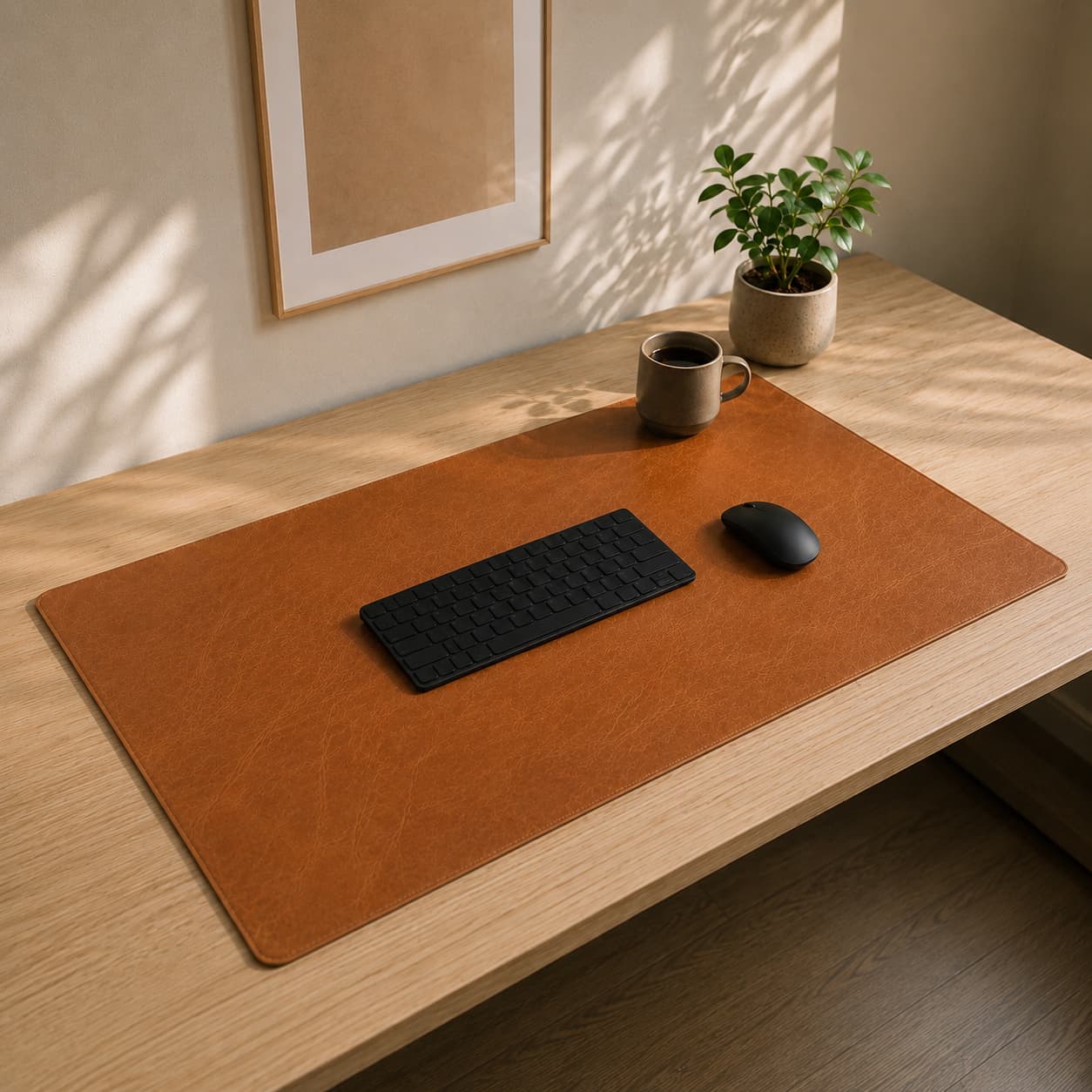 Aovela reversible leather-grain desk mat on a warm wood desk