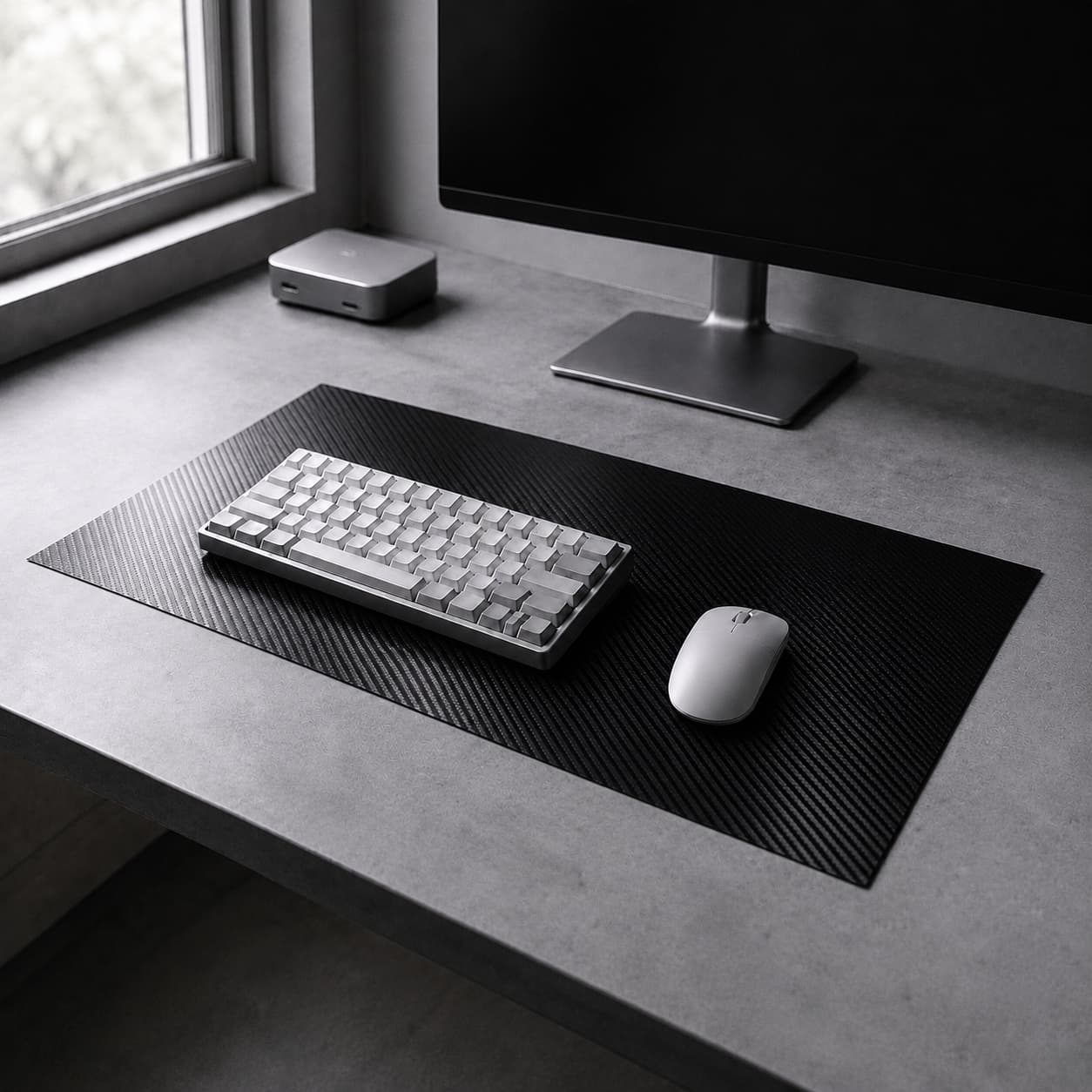 Aovela carbon fiber textured desk mat on a modern minimal desk