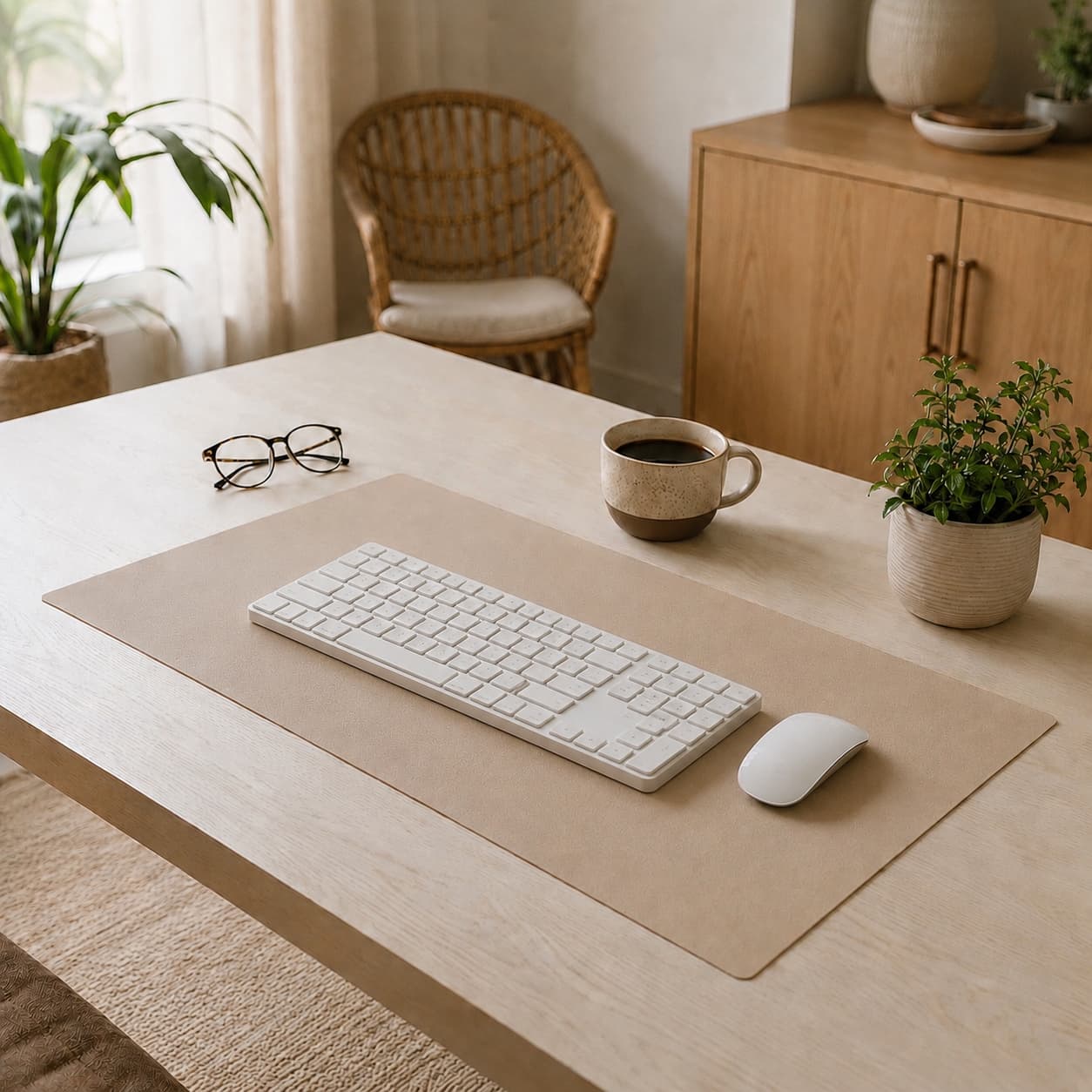 Aovela solid color desk mat on a warm minimal home-office desk